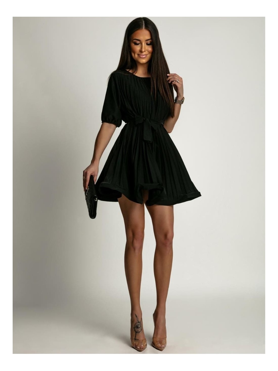 Pleated dress with short sleeves, black AZR57172